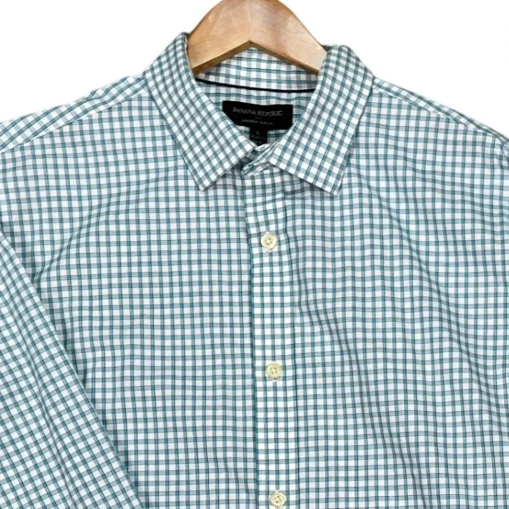 Banana Republic Button Down Shirt Mens Large Teal White‎ Gingham Check Slim Fit